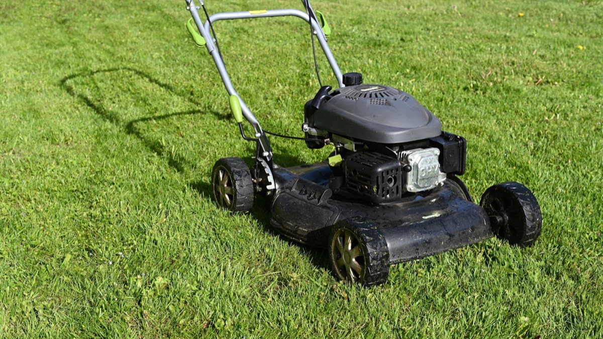 Lawn mower on a healthy green lawn being maintained in a Cheltenham garden
