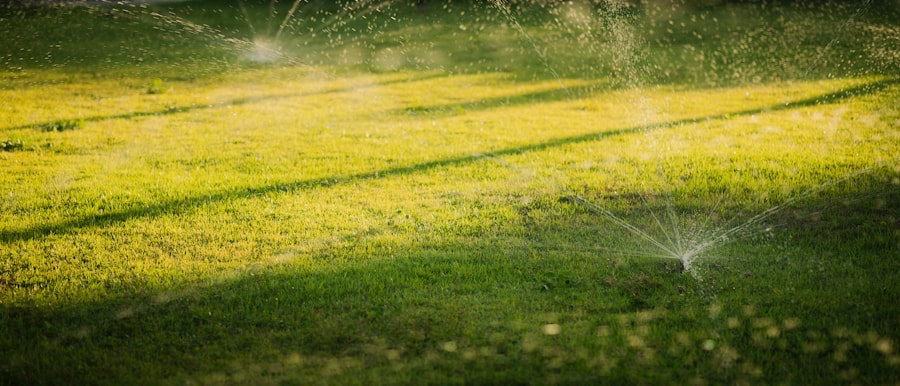 Garden sprinkler watering a green lawn at sunset in Cheltenham